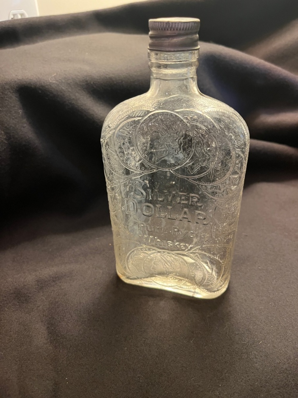 Vintage Silver Dollar whiskey flask bottle  liquor vintage embossed glass